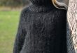 Casual mens mohair sweater hand knitted Tneck pullover in black/TM53
