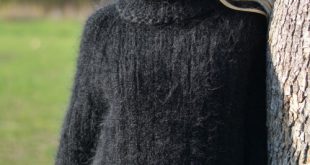 Casual mens mohair sweater hand knitted Tneck pullover in black/TM53
