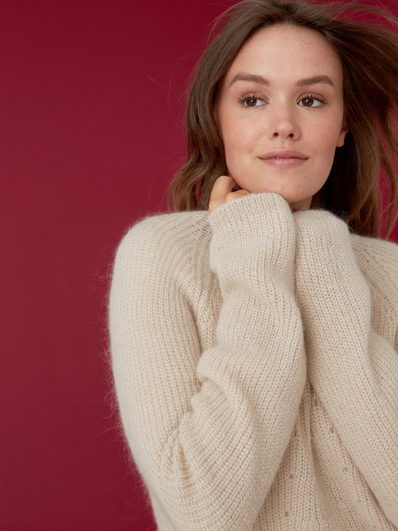 Women's openwork knit mohair sweater, MASAKI - beige light solid