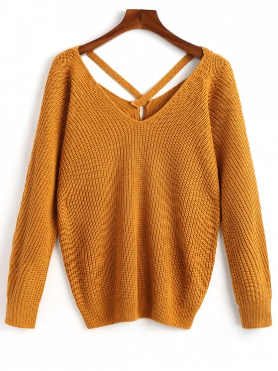 29% OFF] 2019 V Neck Criss Cross Pullover Sweater In MUSTARD ONE