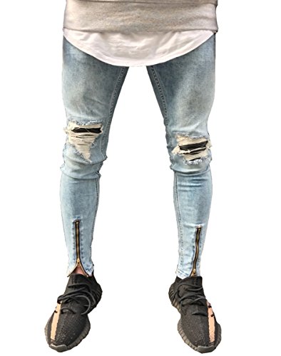 Men's Vintage Skinny Fit Zipper Biker Ripped Jeans Slim Leg Denim