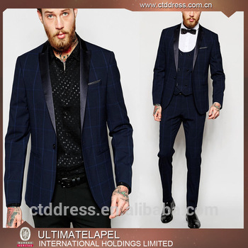 China Latest Design Fashion Blue Checks Men Wedding Coat Pant Suits