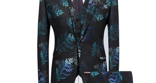 MOGU Pant Suits for Men 2018 Green Floral Three Piece Tuxedo Dress