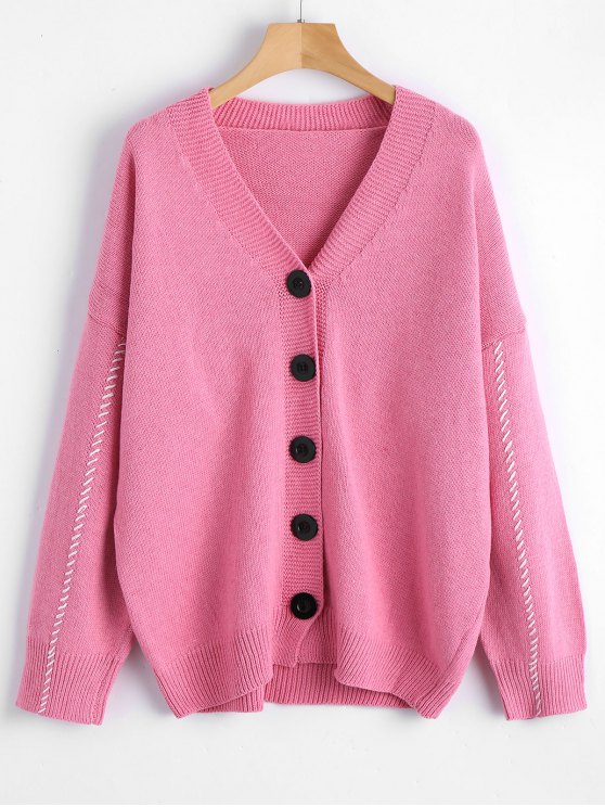 31% OFF] 2019 Contrast V Neck Button Up Cardigan In PINK ONE SIZE