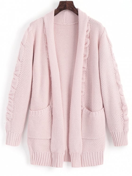 59% OFF] 2019 Shawl Collar Cable Knit Cardigan In PINK L | ZAFUL