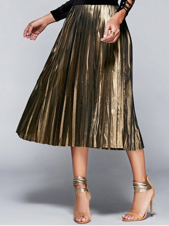 23% OFF] 2019 High Waisted Pleated Midi Skirt In CHAMPAGNE S | ZAFUL