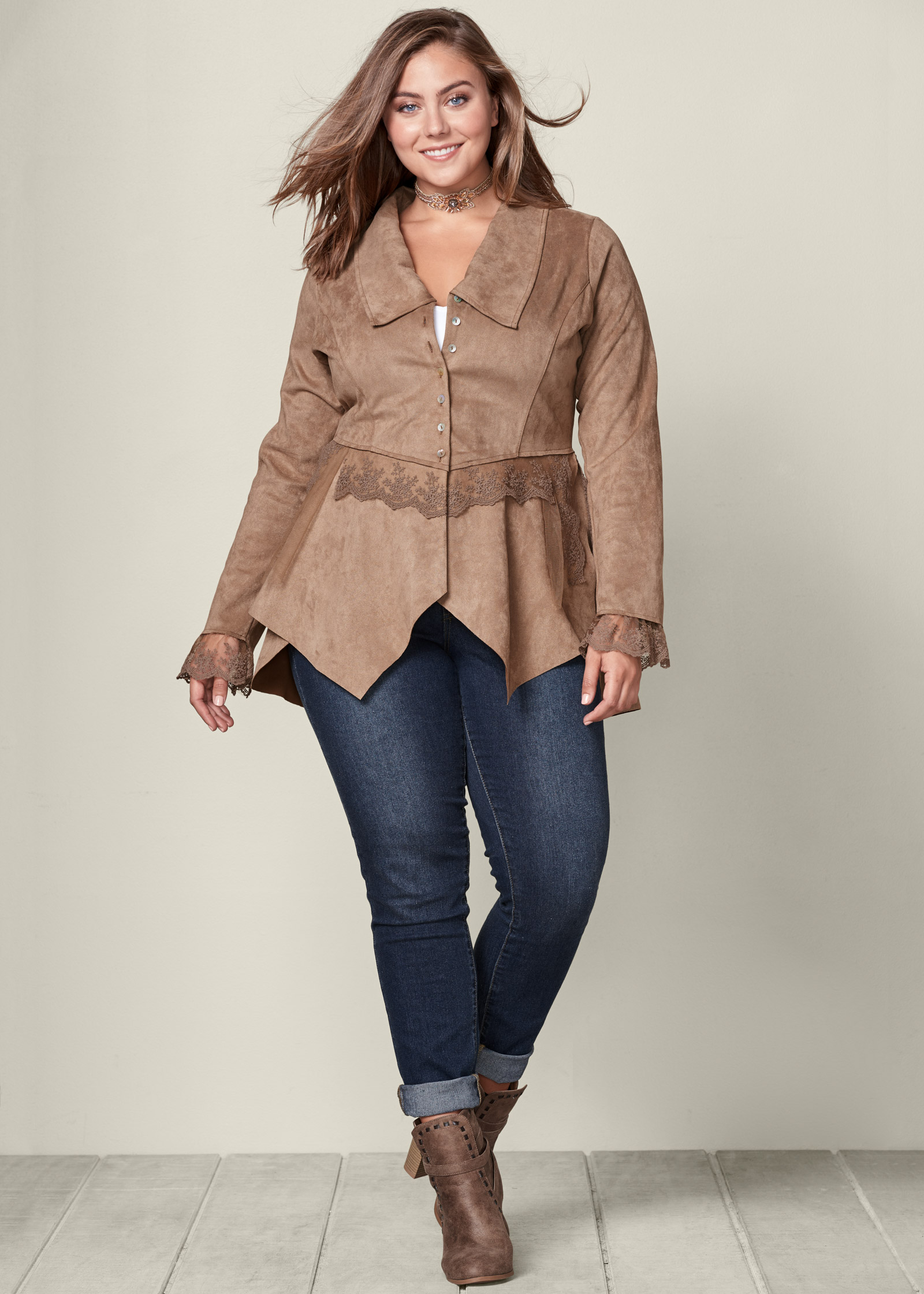 Size FAUX SUEDE AND LACE JACKET