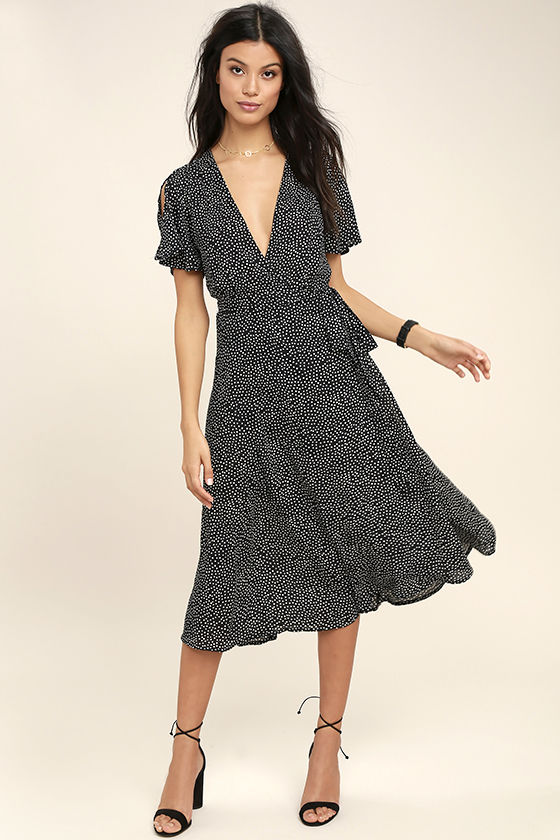 Cute Black Polka Dot Dress - Wrap Dress - Midi Dress - $84.00