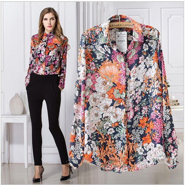 2015 Fashion Flower Printed Blouse Chiffon in Women's Blouses with