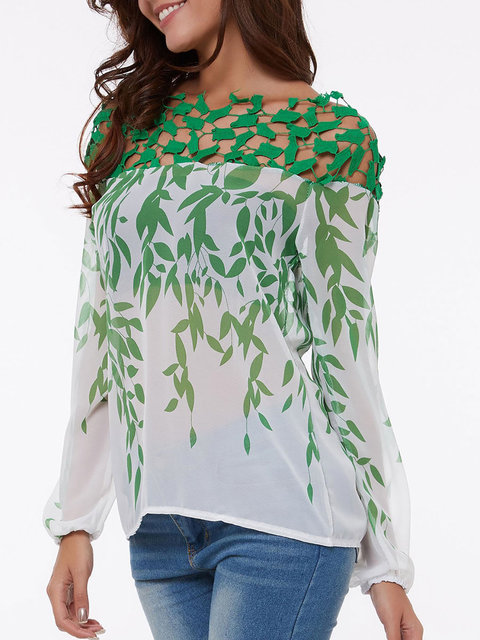 Boat Neck Hollow Out Printed Blouses - JustFashionNow.com