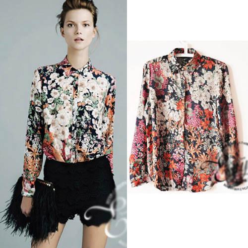 2019 Vintage New Women Printed Blouses Fashion Long Sleeve Flowers