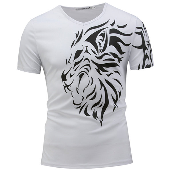 Mens Summer 3D Lion Printed Tee Top V-neck Short Sleeve Casual T
