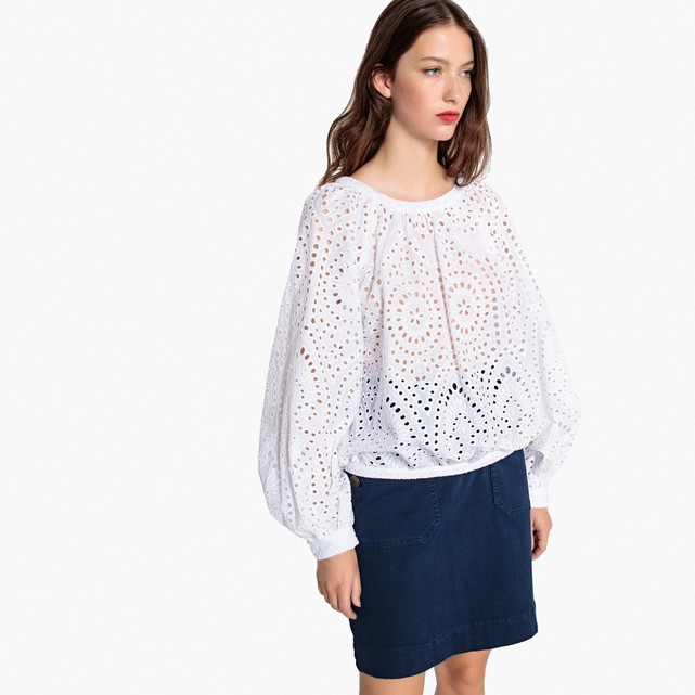 Openwork cotton blouse with puff sleeves La Redoute Collections | La