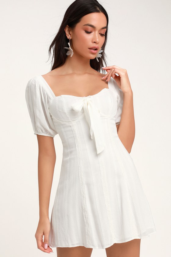 Pretty White Puff Sleeve Dress - LWD - Bustier Dress - Mini Dress