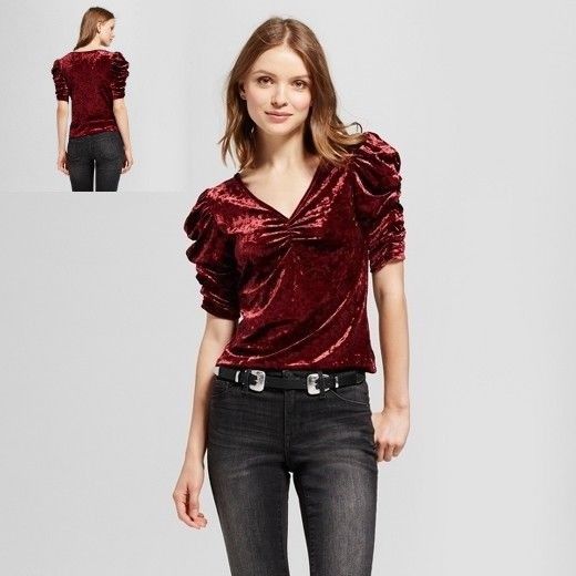 Mossimo Womens XS Velvet Blouse Red Port Solid Wine Velour Ruched