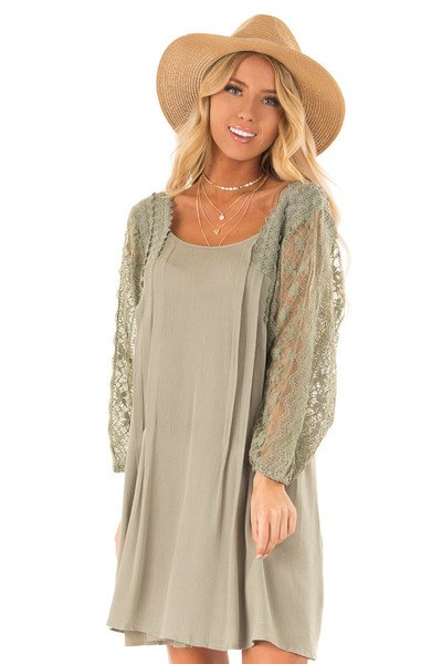 Olive Loose Mini Dress with Long Sheer Lace Puff Sleeves - Lime Lush