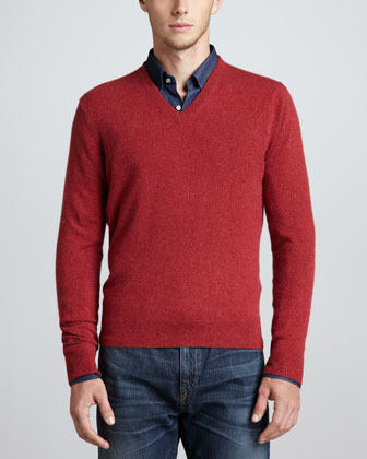 Neiman Marcus V Neck Cashmere Pullover Sweater Red, $295 | Neiman