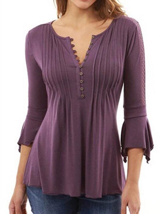 Deep V-neck Button Down Bell Sleeve Blouse u2013 WhatsMode