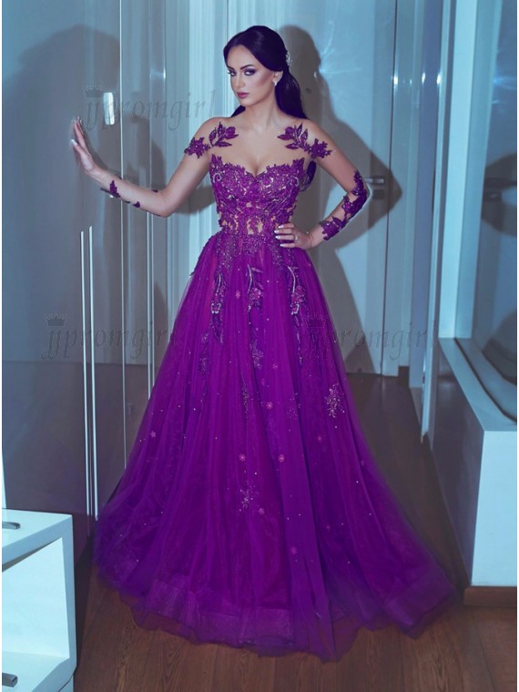 Buy A-Line Crew Long Sleeves Purple Prom Dress with Appliques