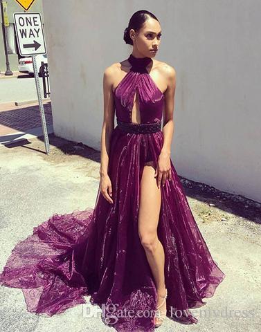 Sexy High Split Purple Evening Dress 2018 Formal Gowns Halter Unique
