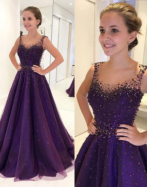 Purple round neck tulle beads long prom dress, purple evening dress
