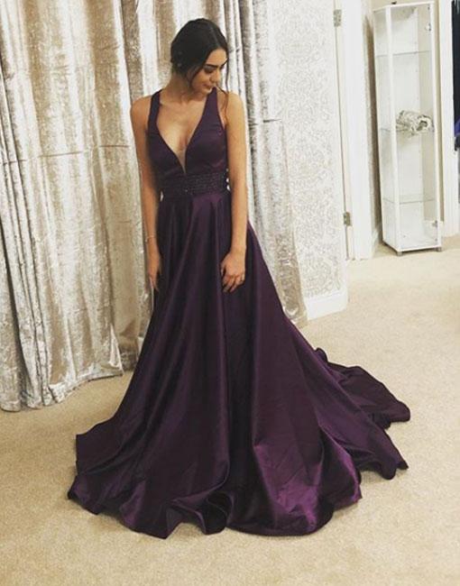 Purple V Neck Long Prom Dresses, Purple Evening Dress ,Evening