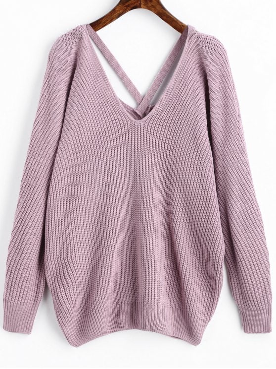 60% OFF] 2019 V Neck Criss Cross Pullover Sweater In LIGHT PURPLE