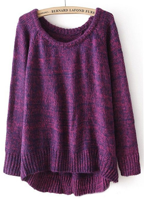 Purple Plain Irregular Collarless Loose Cotton Blend Sweater | My style