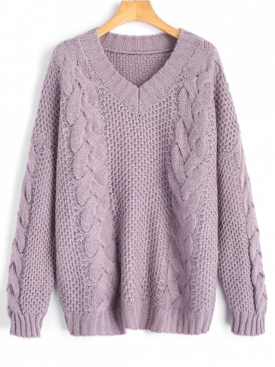 36% OFF] 2019 V Neck Pullover Cable Knit Sweater In LIGHT PURPLE ONE
