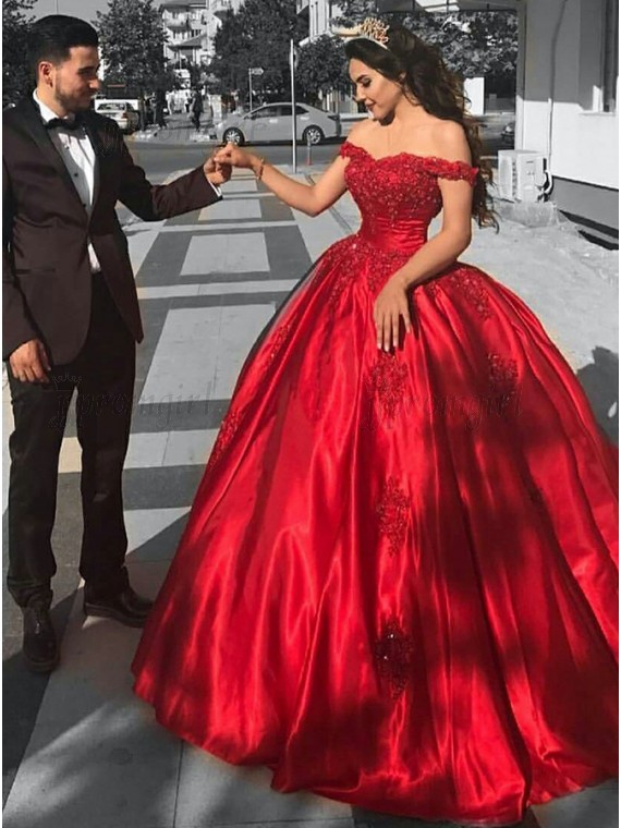 Buy Ball Gown Off-the-Shoulder Sweep Train Red Prom Dress with