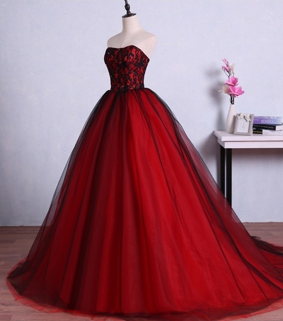 Red and Black Long Prom Dresses for Graduation Tulle Ball Gown Lace