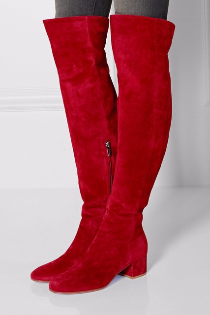 Women Winter Flat Boots Red Suede Over The Knee Boots Round Toe