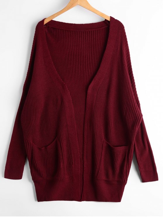 38% OFF] 2019 Open Front Chunky Cardigan With Pockets In WINE RED