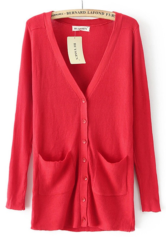 Bright Red Plain Pockets Long Sleeve Cardigan - Cardigans - Sweaters