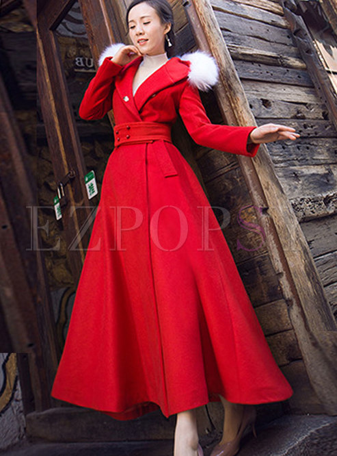 Outwear | Jackets/Coats | Fashion Red Hooded Cashmere Tie-waist Long