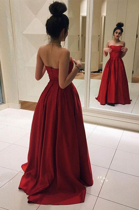 Gorgeous Red Strapless Prom Dress,A Line Satin Evening Gown,Long