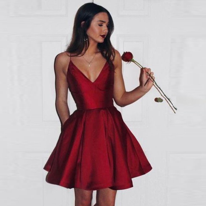 A-Line Spaghetti Straps Short Dark Red Satin Homecoming Dress with