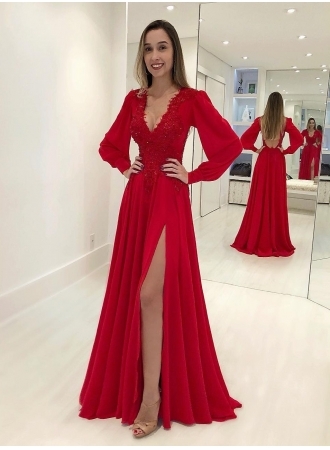 Sexy V-Neck Long Sleeves Red Evening Gown | Front Split Lace