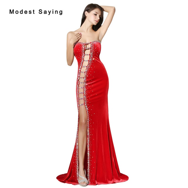 2018 New Sexy Cut Out Velvet Evening Dress with Rhinestone Luxury