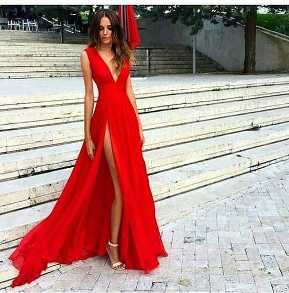 Split Prom Dresses,Red Formal Dress,Sexy Slit Evening Dress,V