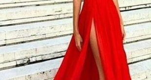 Sexy Slit Evening Dress,V-neckline Red Evening Gowns,Split Prom