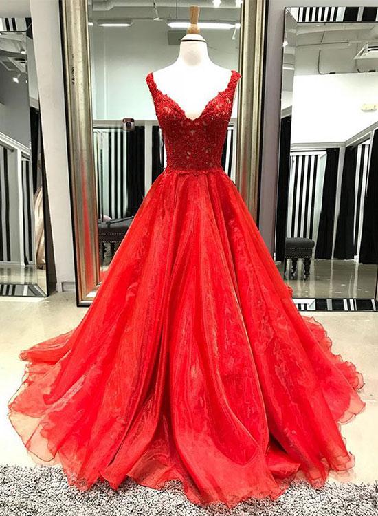 Stylish A-Line V-Neck Red Tulle Floor Length Prom/Evening Dress With