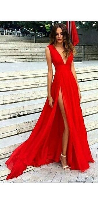 Sexy Slit Evening Dress,V-neckline Red Evening Gowns,Split Prom