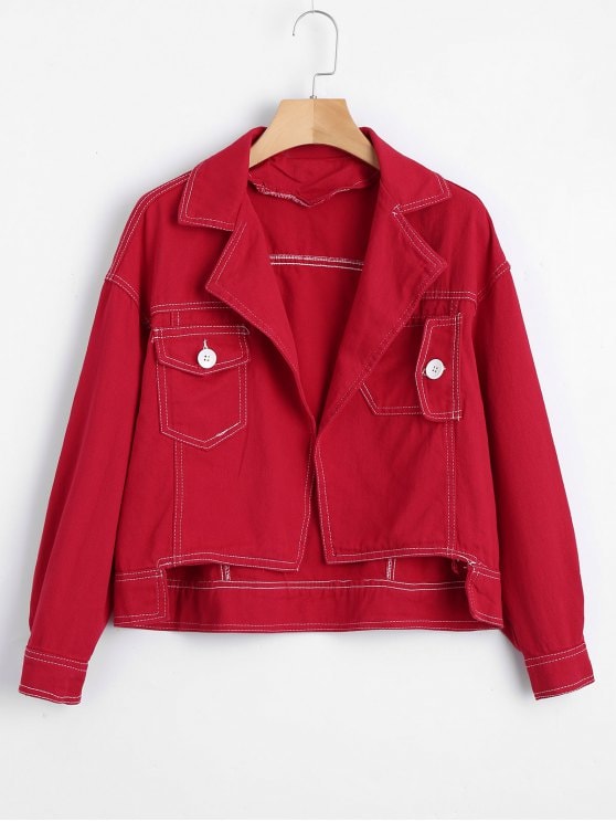 35% OFF] 2019 Open Front High Low Denim Jacket In RED XL | ZAFUL