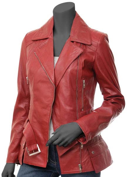 Long Red Leather Jacket - Womens Asymmetrical Jacket