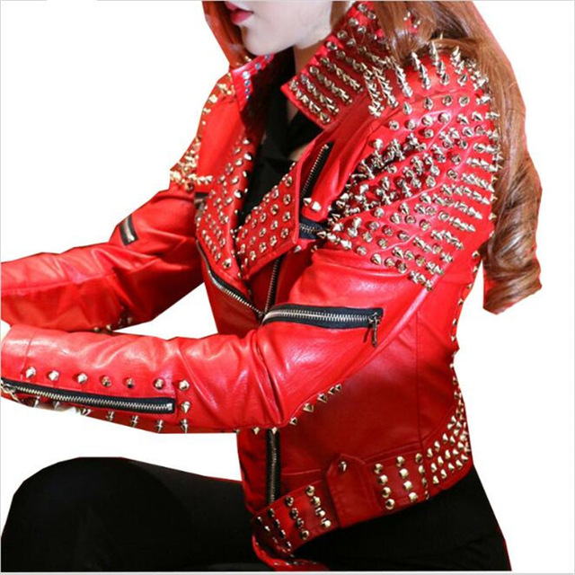 Red Leather Jacket Women Punk Rivets Studded Motorcycle Leather