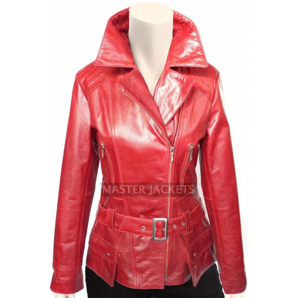 Women Long Fashion Leather Jacket Red