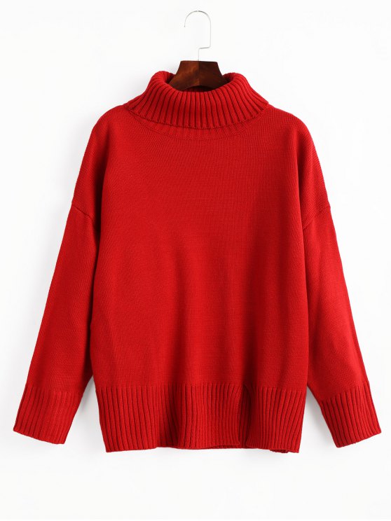 60% OFF] 2019 Slit Oversized Turtleneck Sweater In RED ONE SIZE | ZAFUL