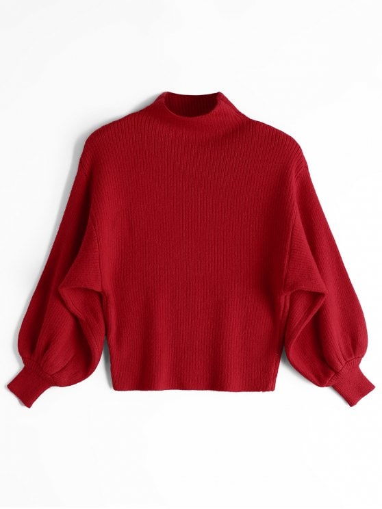 49% OFF] 2019 Lantern Sleeve Mock Neck Sweater In RED ONE SIZE | ZAFUL