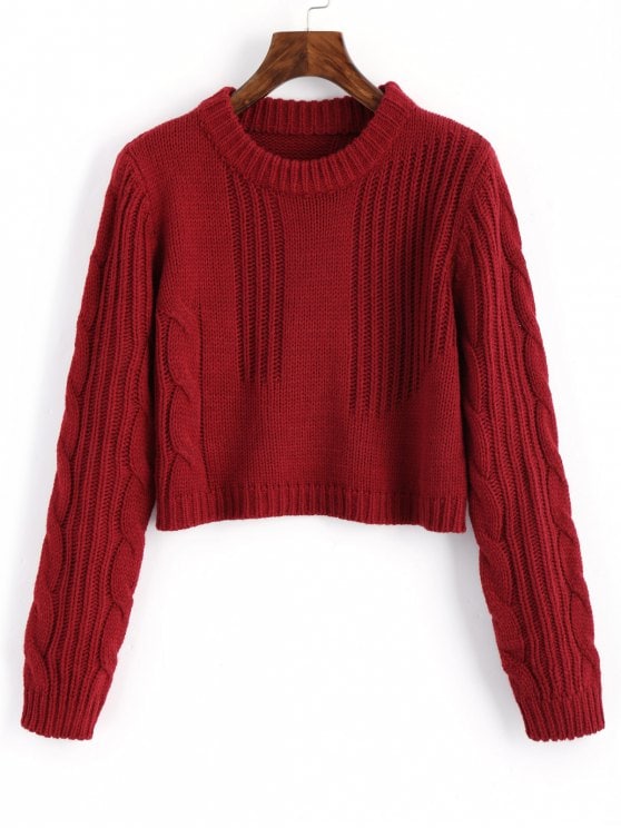 57% OFF] 2019 Cable Knit Panel Pullover Cropped Sweater In WINE RED